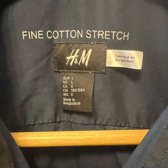 MENS H&M 5 Cotton Stretch Navy Blue Long Sleeve Button Up Dress Shirt L - Picture 7 of 8